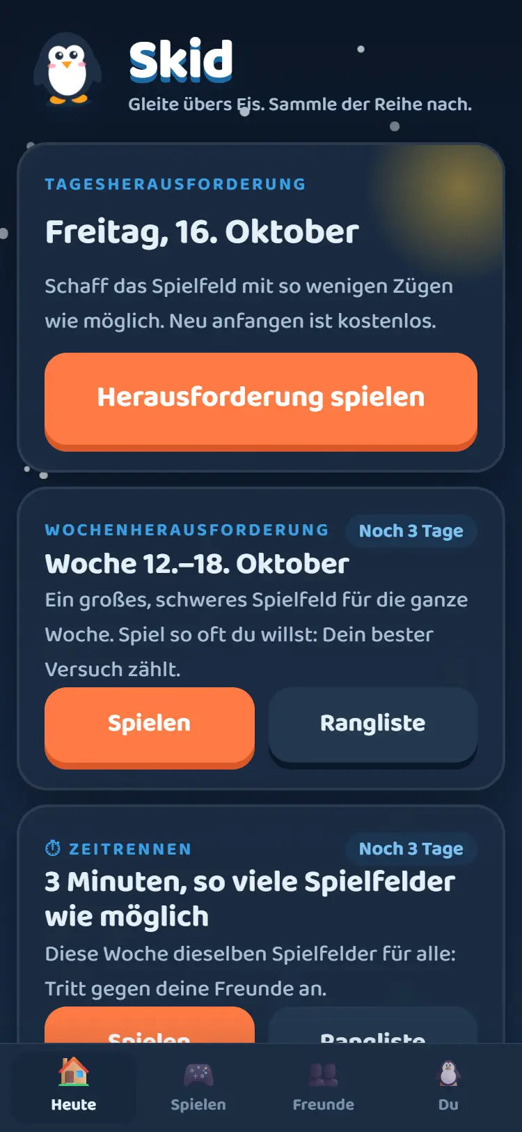 Die Startseite von Skid mit Tages-, Wochen- und Zeitrennen-Aufgabe