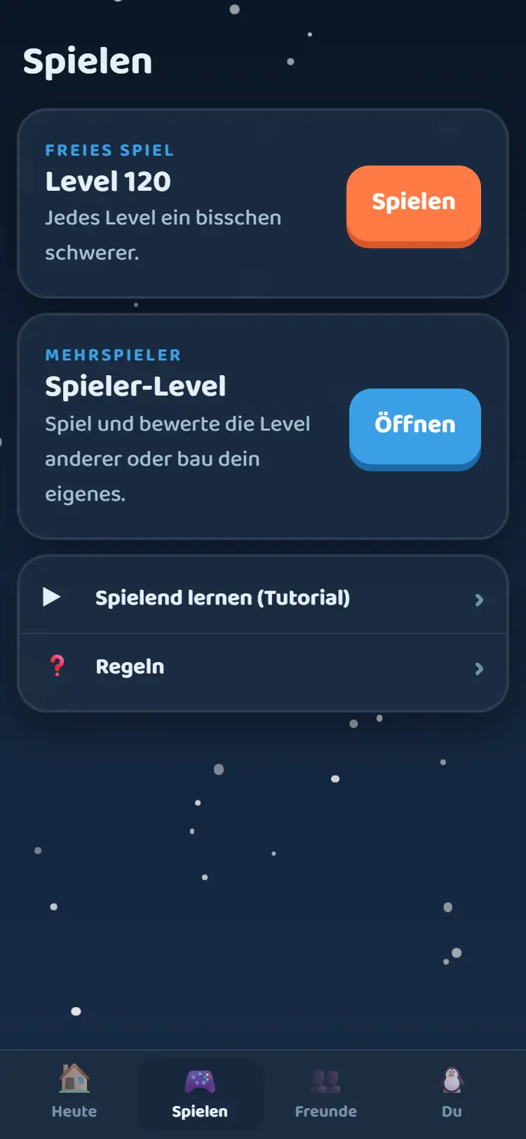 Der Tab „Spielen“ mit freiem Modus und Spieler-Leveln