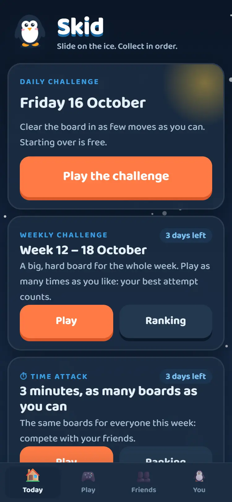Skid's home screen with the daily, weekly and time attack challenges