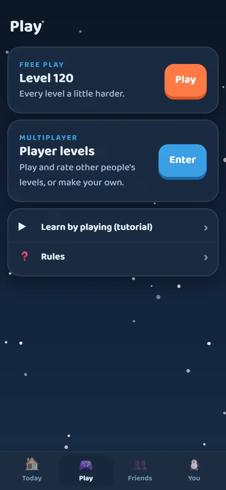 The Play tab with free play and player levels