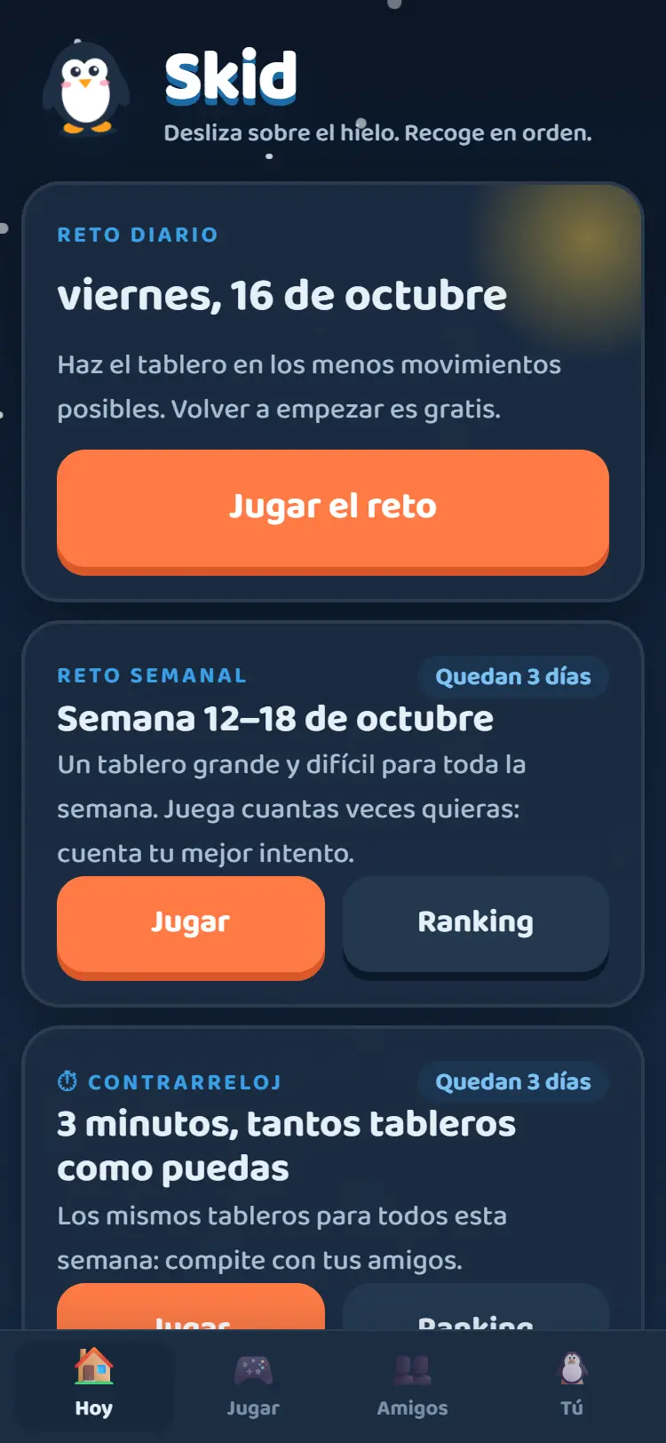 La portada de Skid con el reto diario, el semanal y la contrarreloj