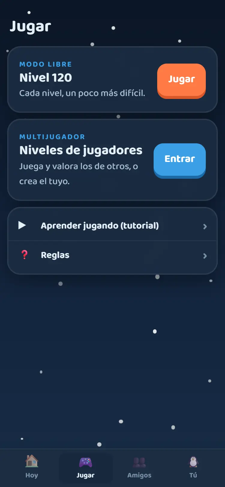 La pestaña Jugar con el modo libre y los niveles de jugadores