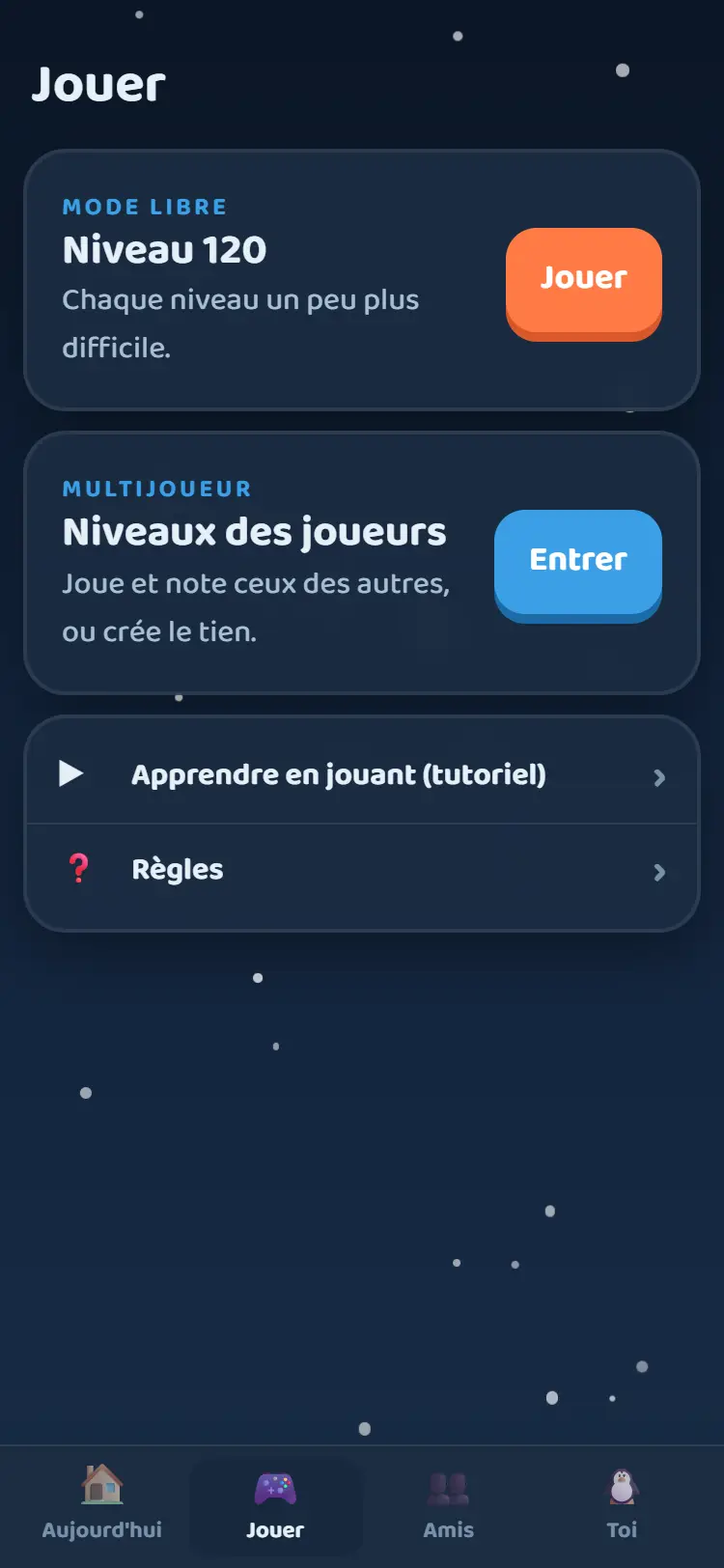 L’onglet Jouer avec le mode libre et les niveaux des joueurs
