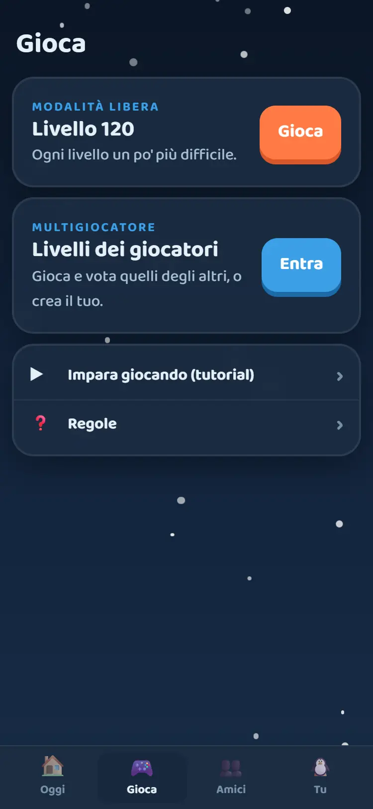 La scheda Gioca con la modalità libera e i livelli dei giocatori