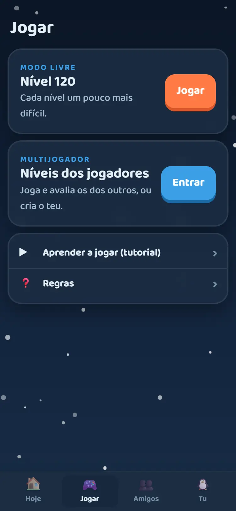 O separador Jogar com o modo livre e os níveis dos jogadores